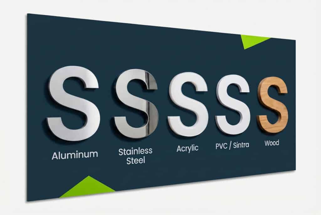 Custom dimensional letters with material labels for signage in Victoria.