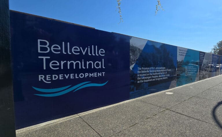 Sign for Belleville Terminal Redevelopment project in Victoria.