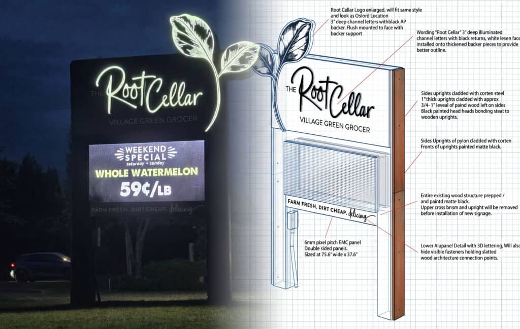 Root Cellar illuminated channel letter sign for Village Green Grocer.
