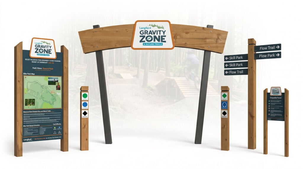 Custom wayfinding signage for Gravity Zone park in Victoria.