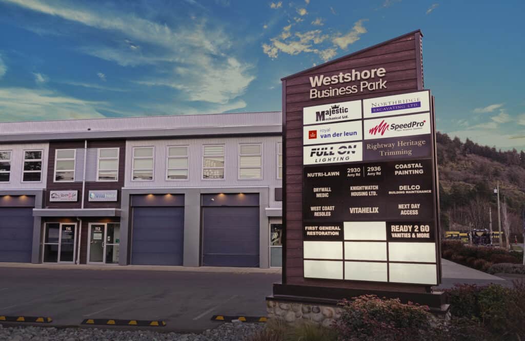 Business park sign with tenant listings at Westshore Business Park, Victoria.