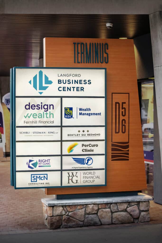 Business sign with directory and terminal information at Victoria location.