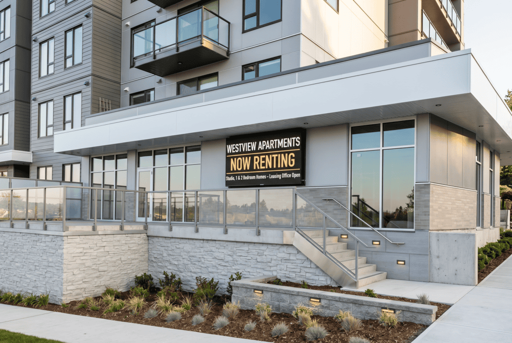 Electronic message board displaying "Now Renting" at Westview Apartments.
