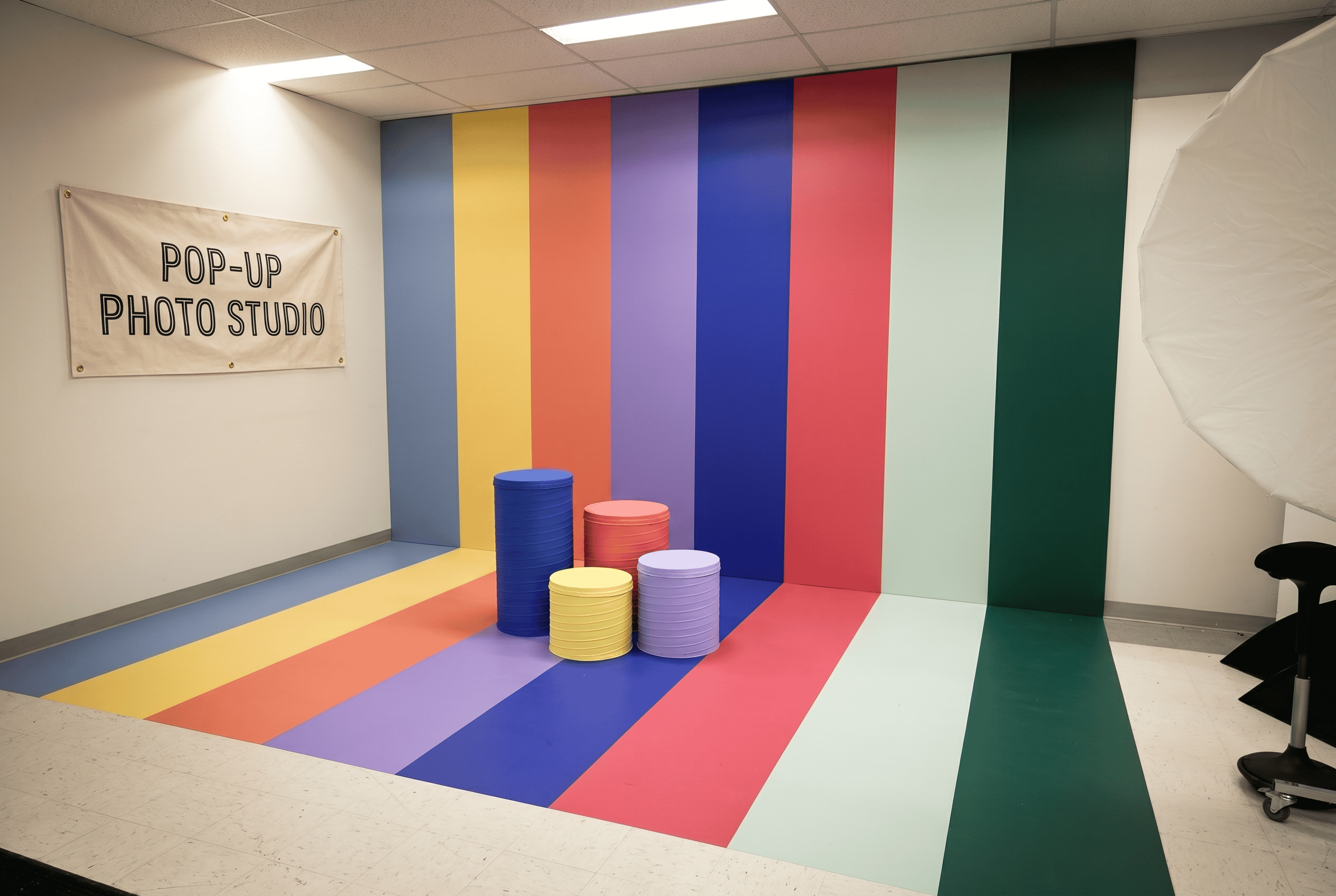 Colorful wall and floor graphics in a photo studio with props and backdrop.