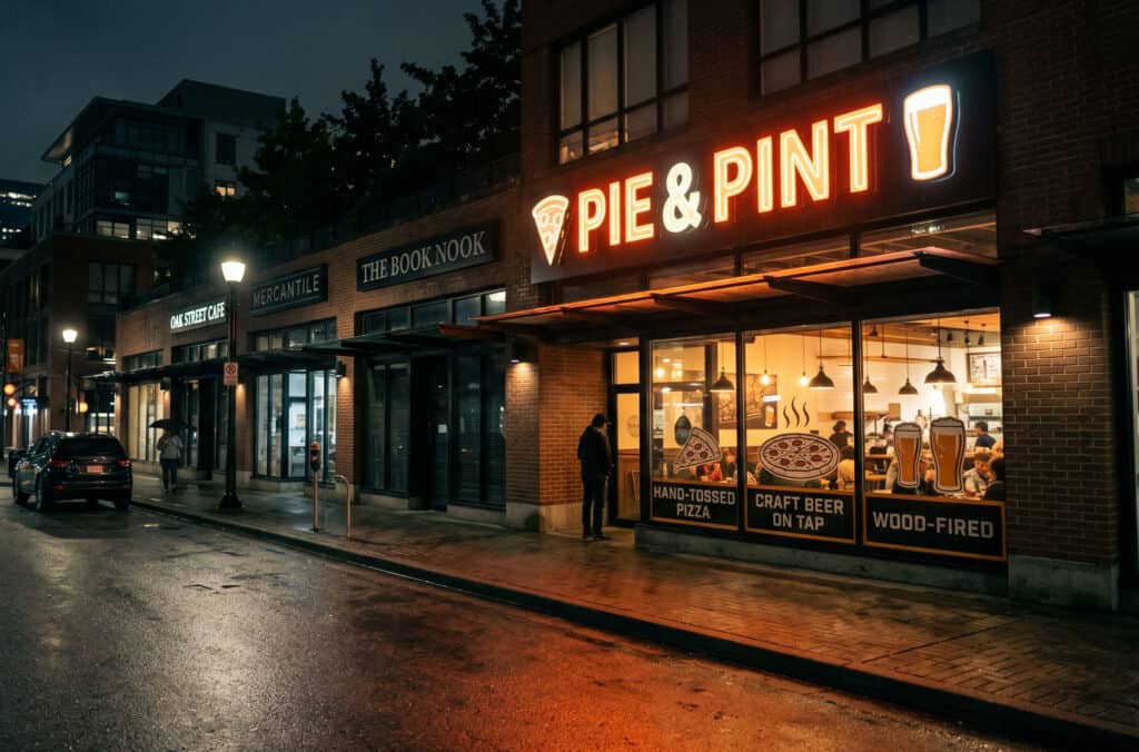 Pie & Pint illuminated sign on a building exterior.