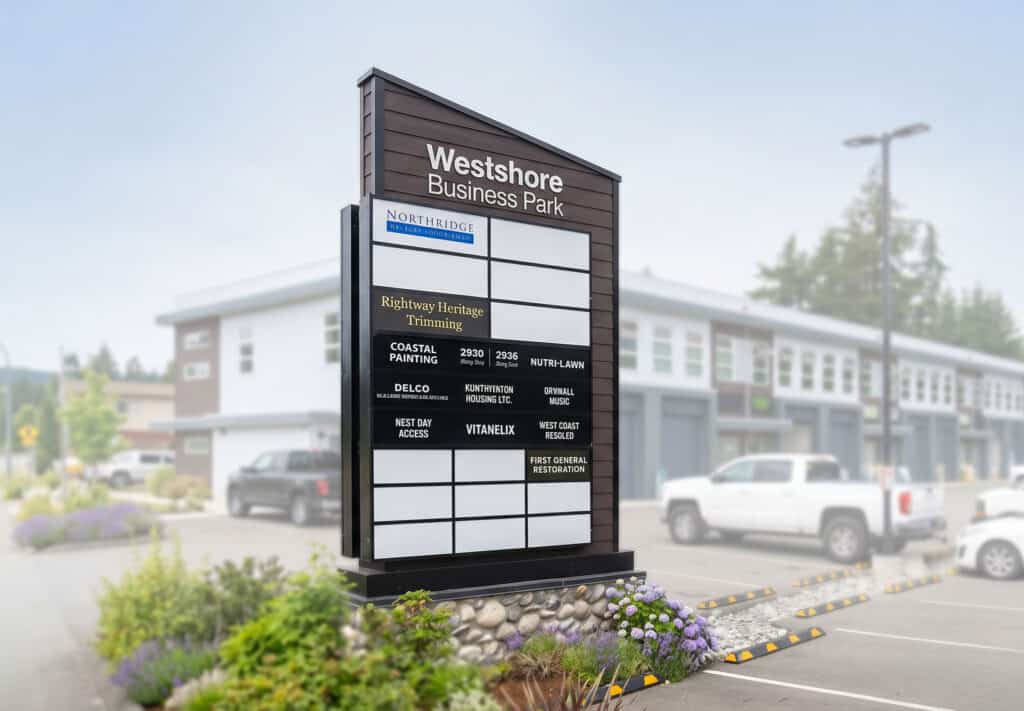 Monument sign displaying tenant names and directory at Westshore Business Park.