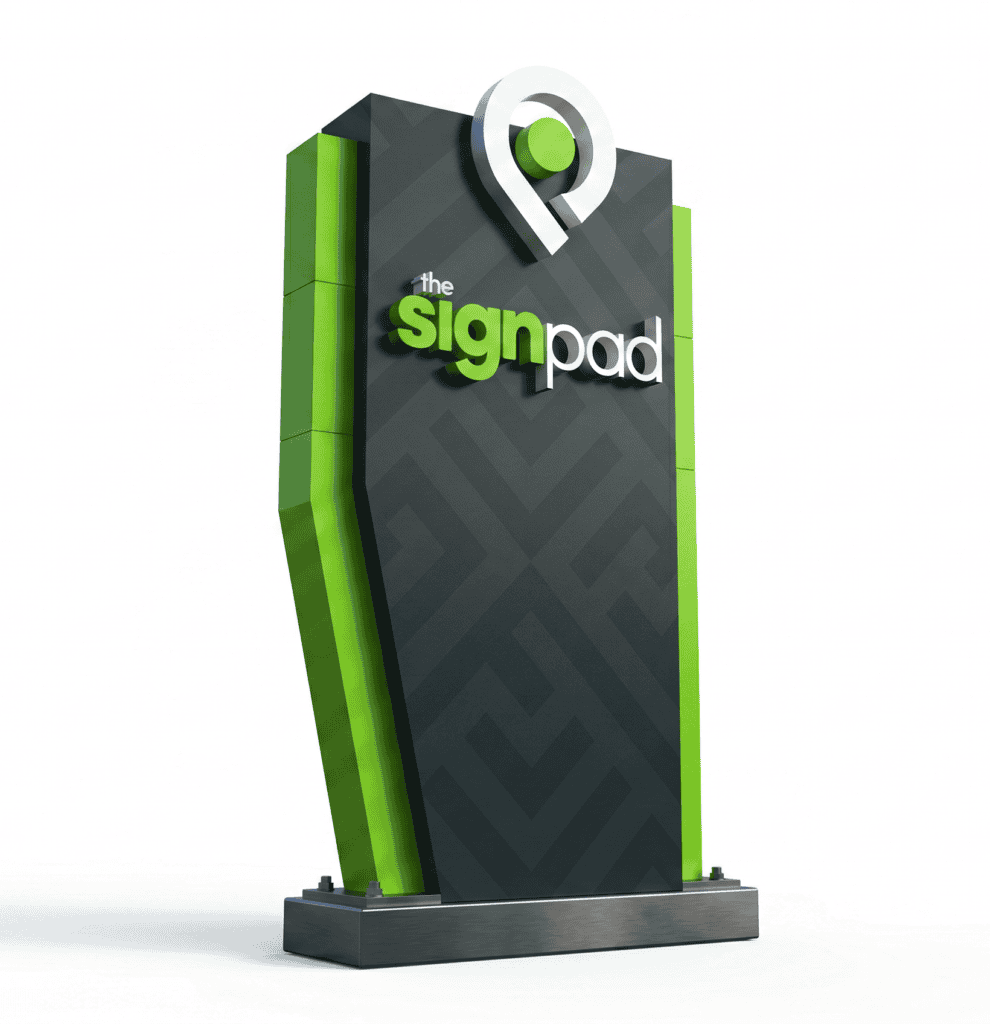 Modern monument sign for The Sign Pad in Victoria with green and black design.