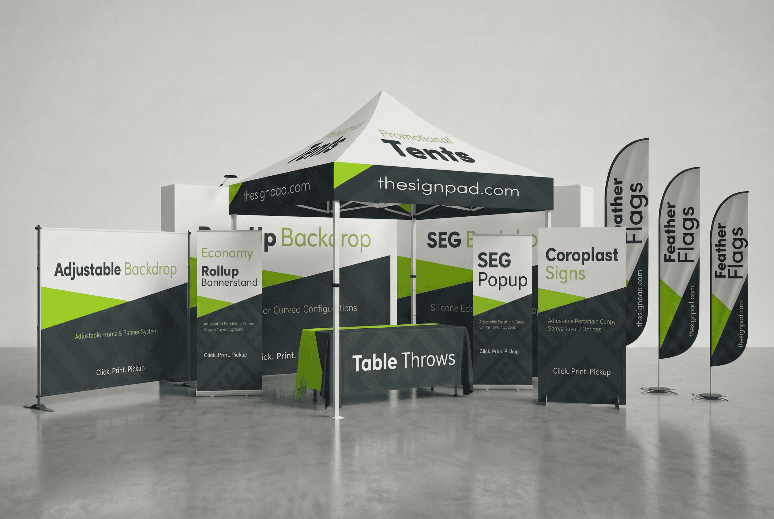 An image of a professional trade show display setup with custom signs and banners for marketing.