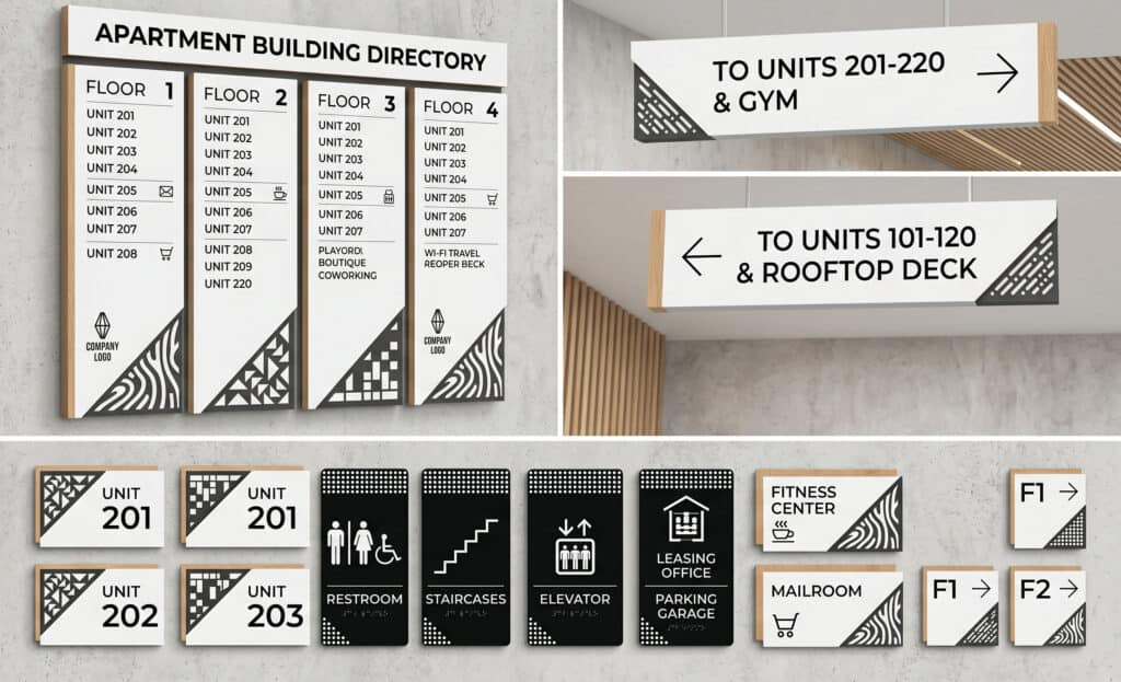 Wayfinding signage for apartment buildings and facilities in Victoria. Clear directional signs for u.