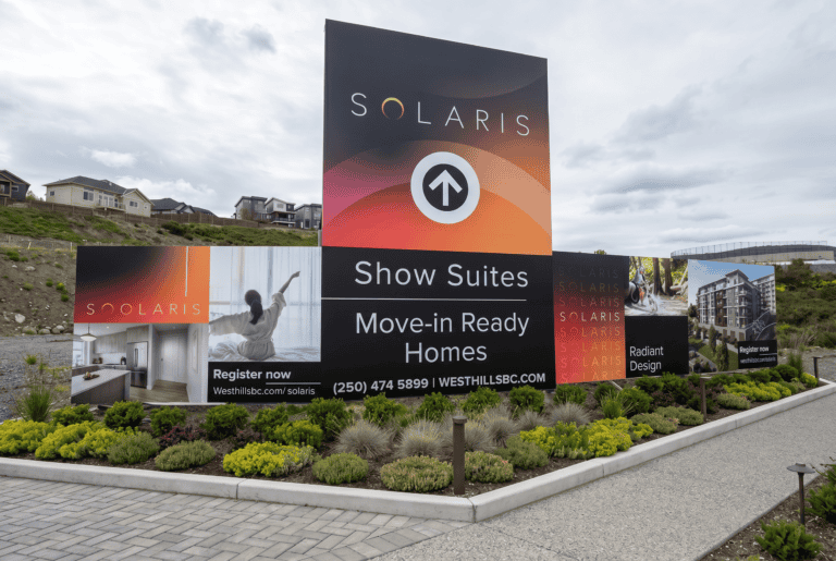 Large Solaris sign promoting show suites and move-in ready homes in Victoria.