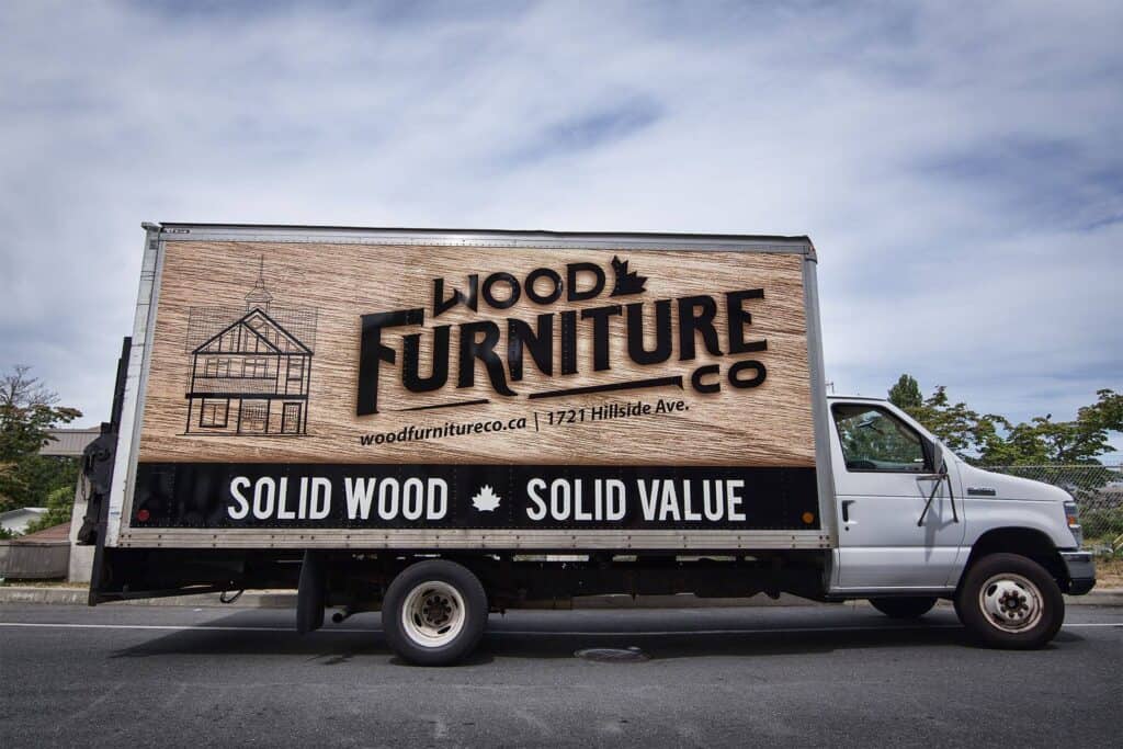 Wood Furniture Truck with custom signage for Wood Furniture Co. in Victoria.