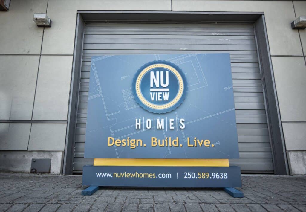 NU View Homes outdoor sign for custom home building services.