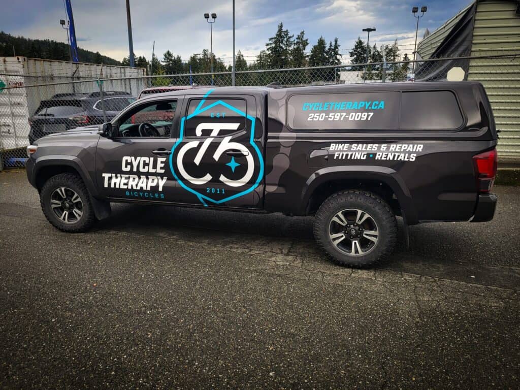 Custom vehicle wrap for Cycle Therapy bike shop in Victoria.