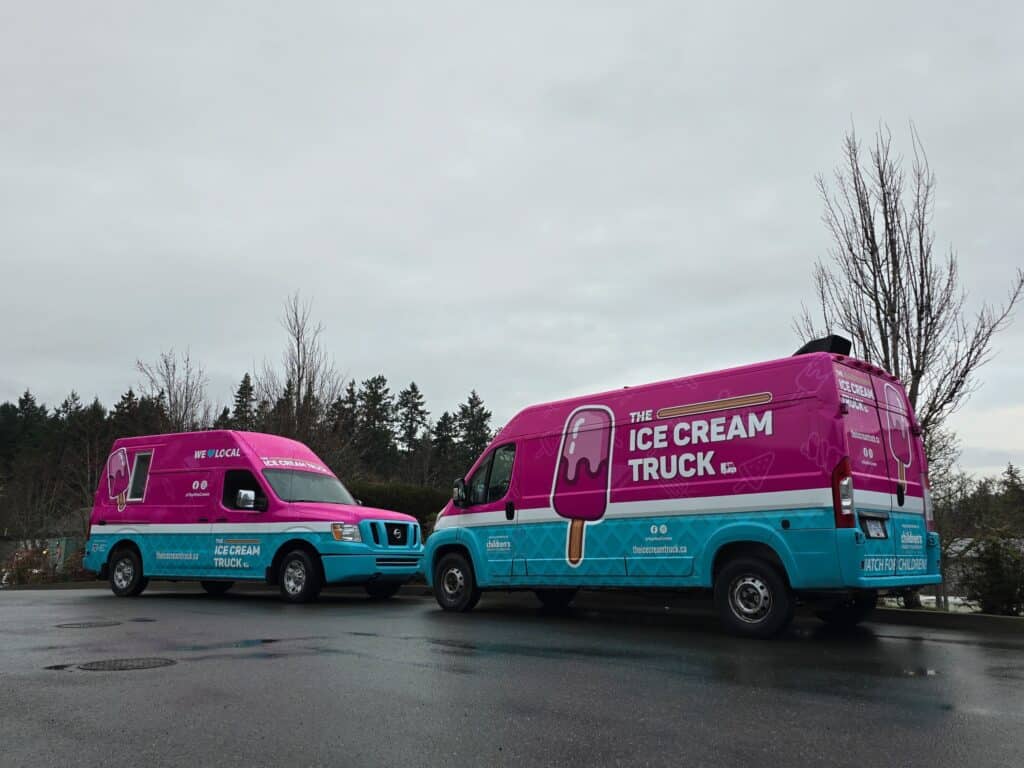 Ice Cream Truck vehicle wrap with vibrant pink and blue design.