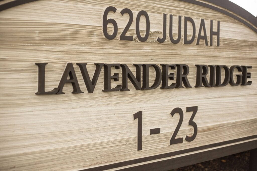 High-quality wooden sign displaying address details for Judah Lavender Ridge.