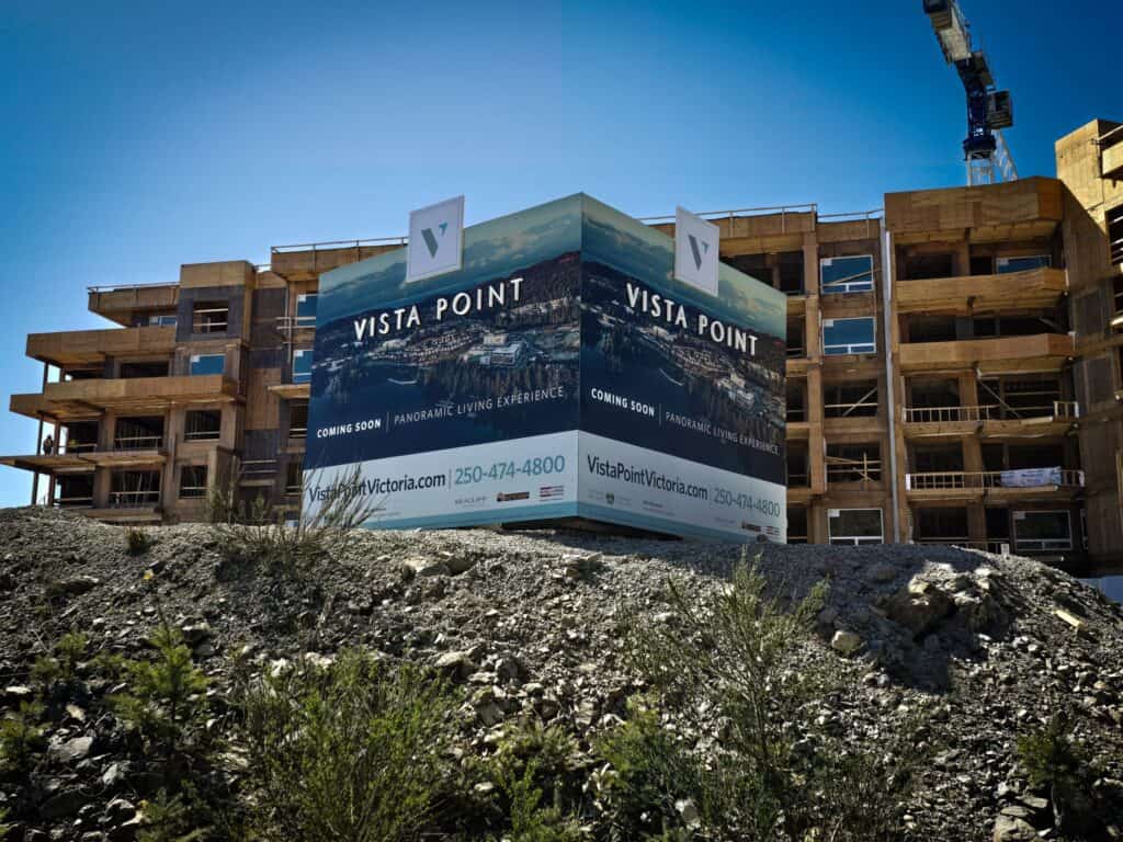 Vista Point construction site sign with branding and upcoming project details.