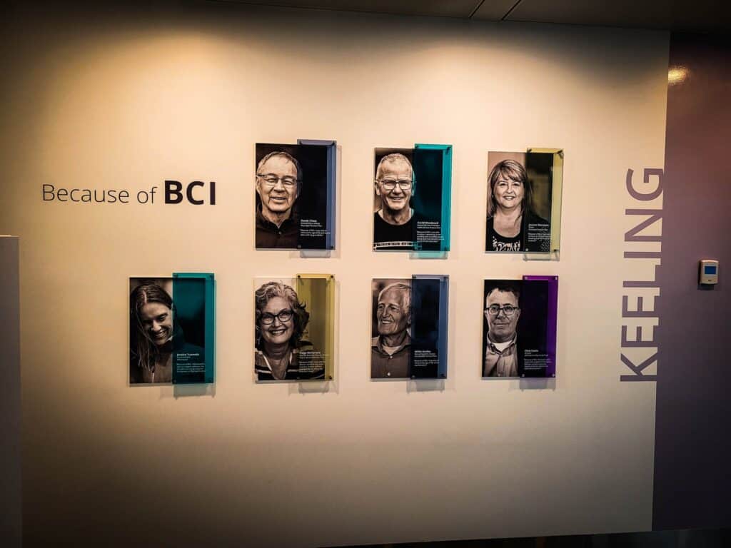 Sign pad displaying customer photos and BCI branding at Victoria store.