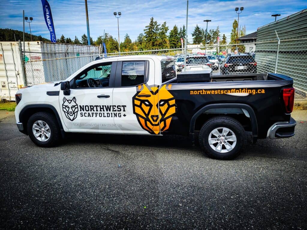 Custom vehicle wrap for Northwest Scaffolding on a pickup truck in Victoria.