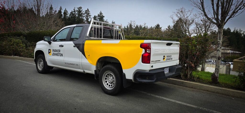 Custom vehicle wrap for Parker Johnston on a pickup truck in Victoria.