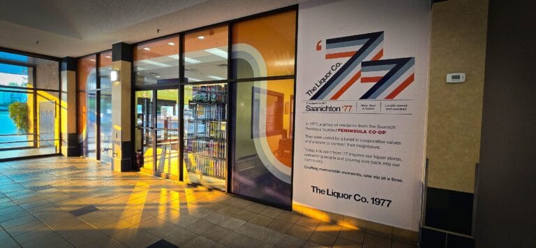 Modern storefront window display with custom signs and vibrant colors in Victoria.