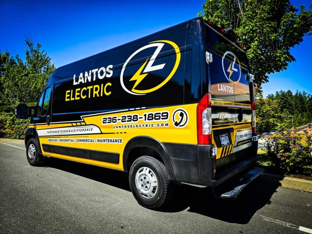 Electric service van for Lantos Electric with branding and contact info.