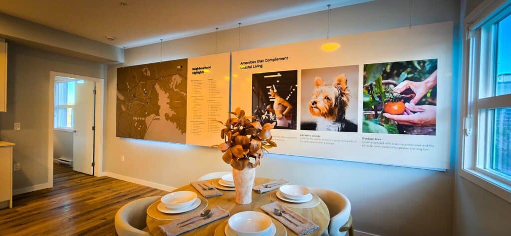 Wall-mounted informational displays in a bright, modern interior.