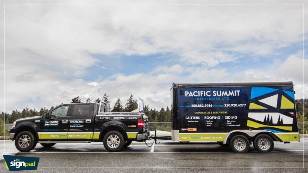 Custom vehicle wrap for Pacific Summit Exteriors on truck and trailer.
