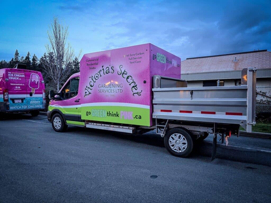 Vehicle wrap for Victoria’s Secret Gardening Services LTD in Victoria, BC.