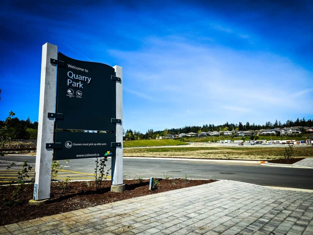Quarry Park welcome sign with modern design, suitable for outdoor signage and branding.