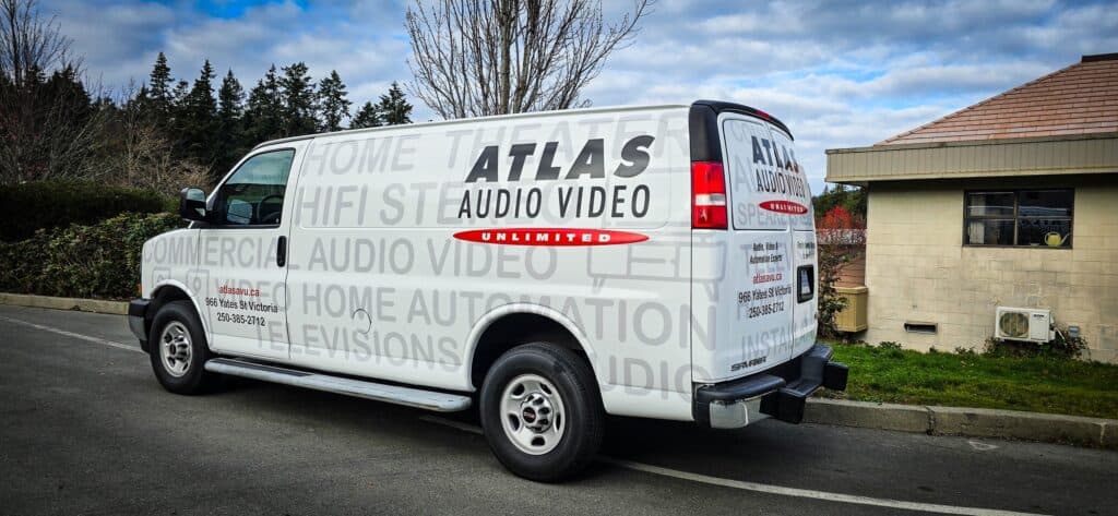 Custom Atlas Audio Video van with branding and contact info.