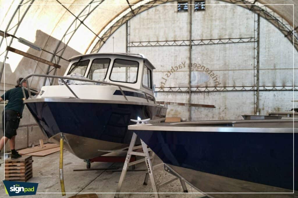 Boat storage with custom signs and vehicle wraps in Victoria.
