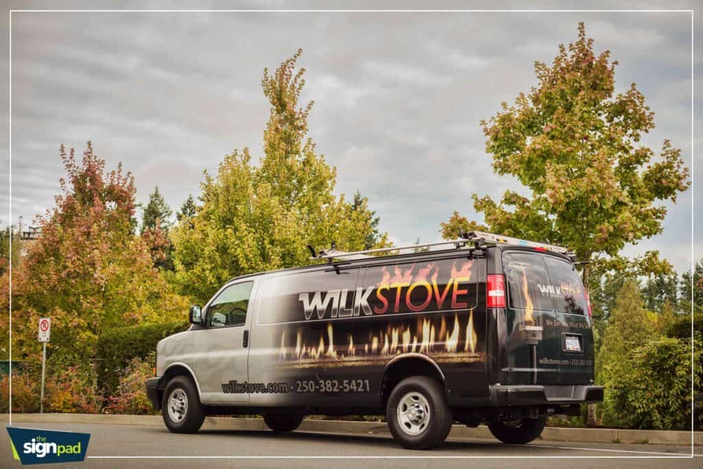 Custom vehicle wrap for Walk Stoves promoting their brand and services.