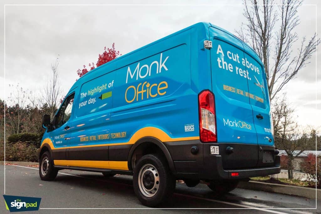 Custom vehicle wrap for Monk Office van promoting branding.