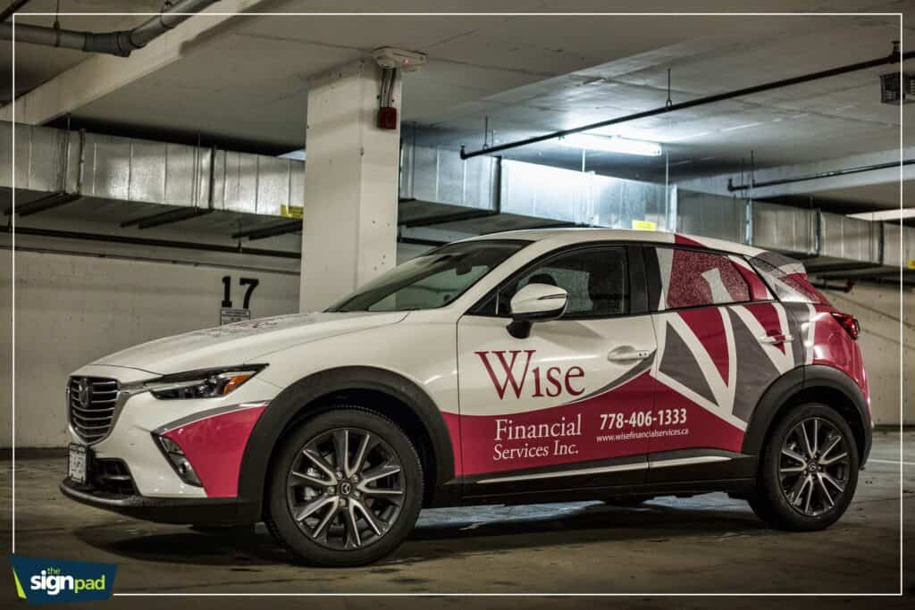 Vehicle wrap advertising for Wise Financial Services Inc. in Victoria.