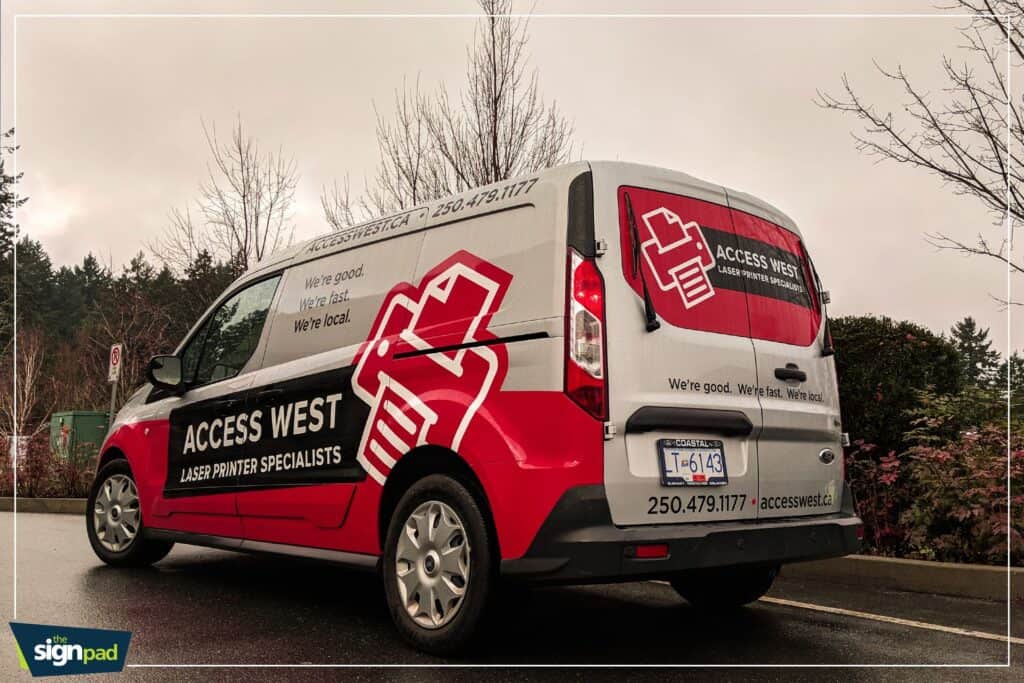 Custom vehicle wrap for Access West with logo and contact info on a white van.