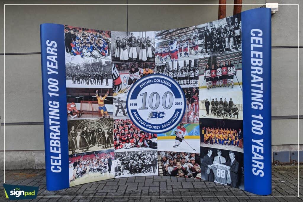 Large display celebrating 100 years of British Columbia Amateur Hockey Association.