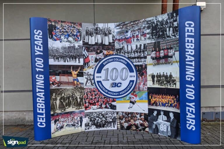 Large display celebrating 100 years of British Columbia Amateur Hockey Association.