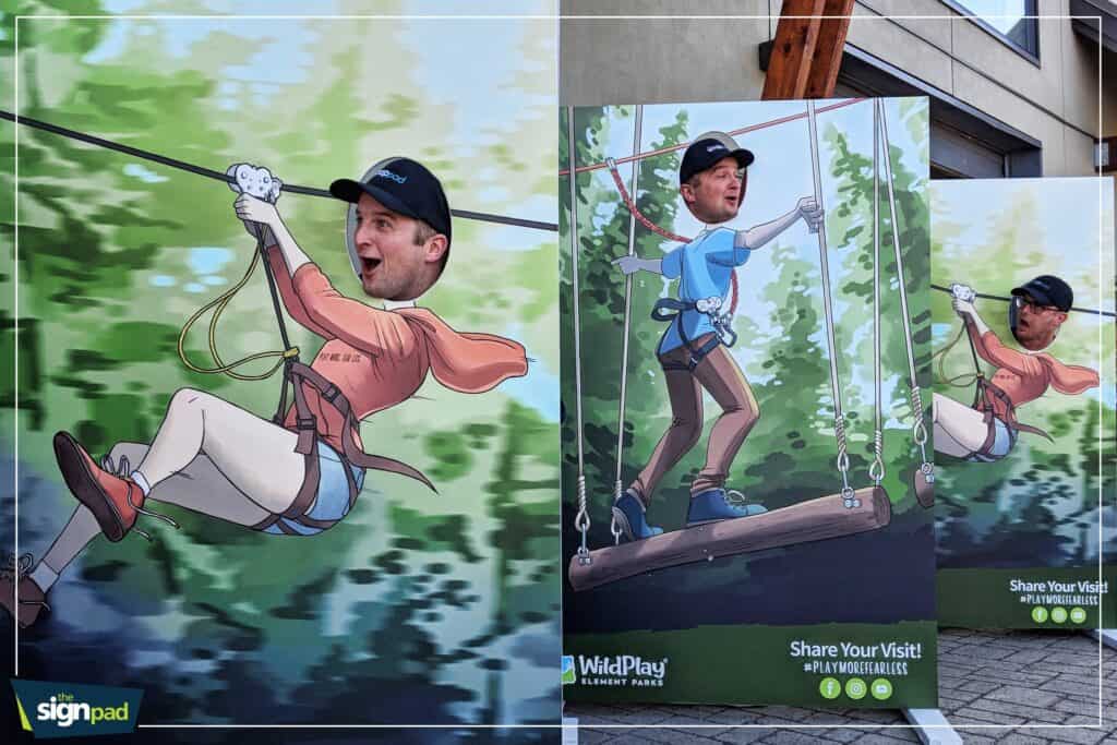 Fun outdoor climbing sign with a person on a zip line and a swing.