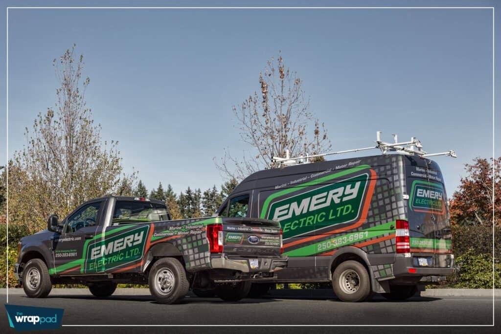 Custom vehicle wraps for Emergency Electric Ltd. on trucks in Victoria.