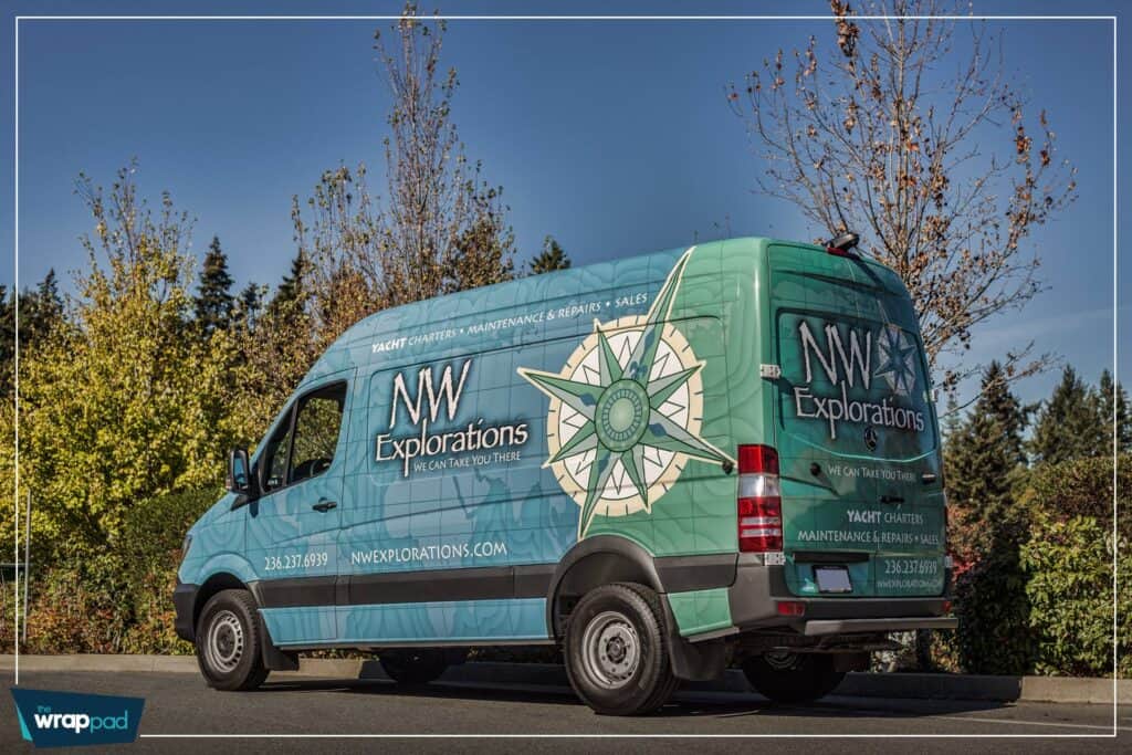 Custom vehicle wrap for NW Explorations yacht charter service in Victoria.