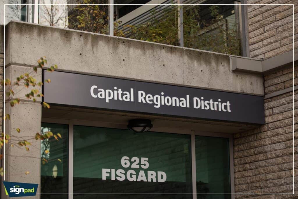 Exterior sign for Capital Regional District in Victoria, BC.