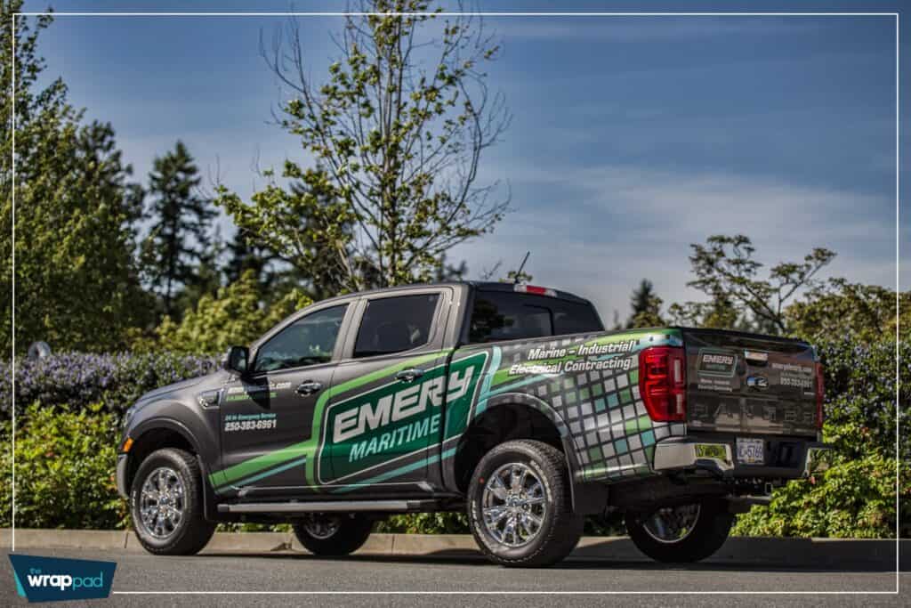 Custom vehicle wrap for Emery Maritime on a pickup truck in Victoria.
