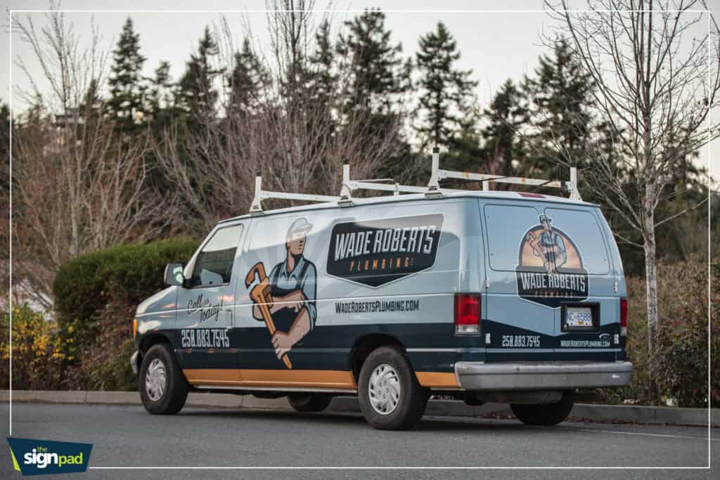 Custom vehicle wrap for Wade Roberts Plumbing on a van in Victoria.