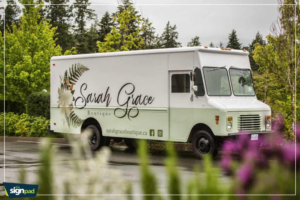 Custom sign truck for Sarah Grace Boutique in Victoria.