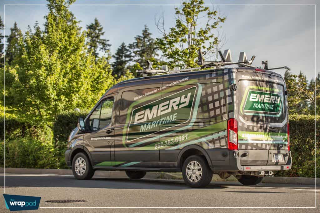 Custom vehicle wrap for Emery Maritime on a van in Victoria.