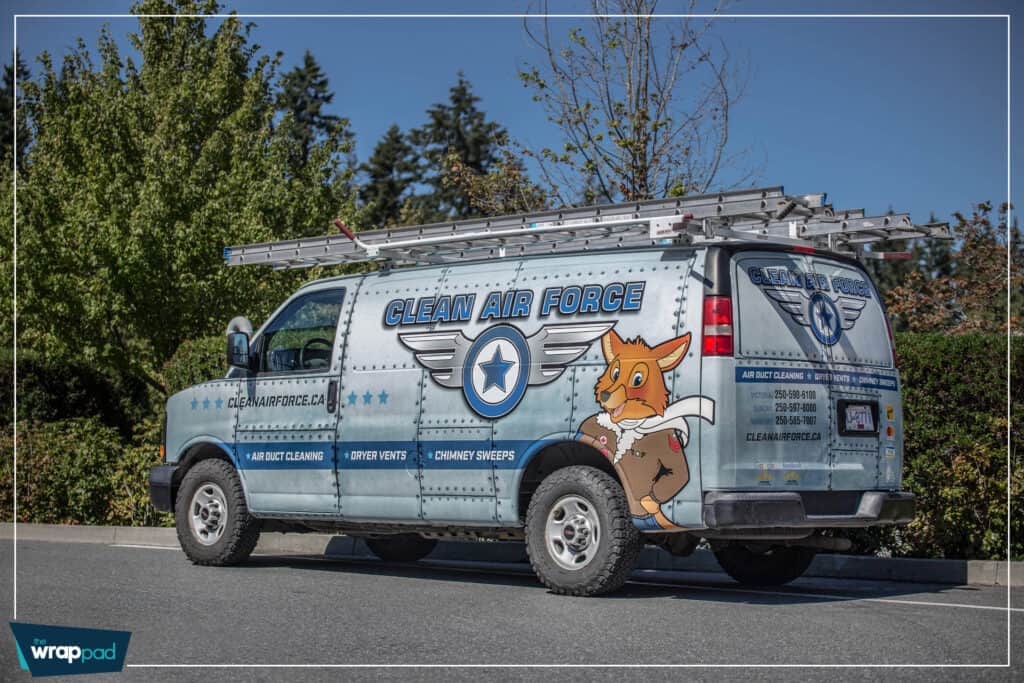 Custom vehicle wrap for Clean Air Force with mascot and branding.