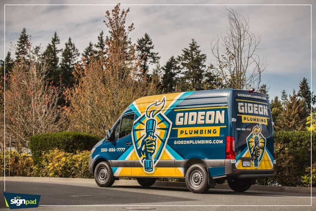 Custom Gideon Plumbing van wrap with logo and contact info.