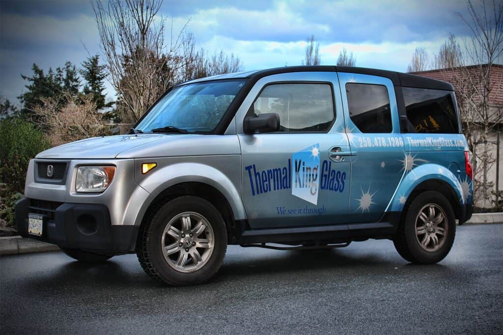 Custom vehicle wrap for Thermal King Glass on a compact van in Victoria.