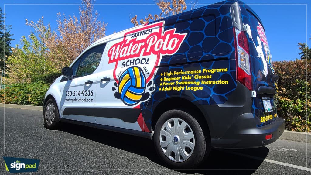 Custom water polo school vehicle wrap with logo and program details.