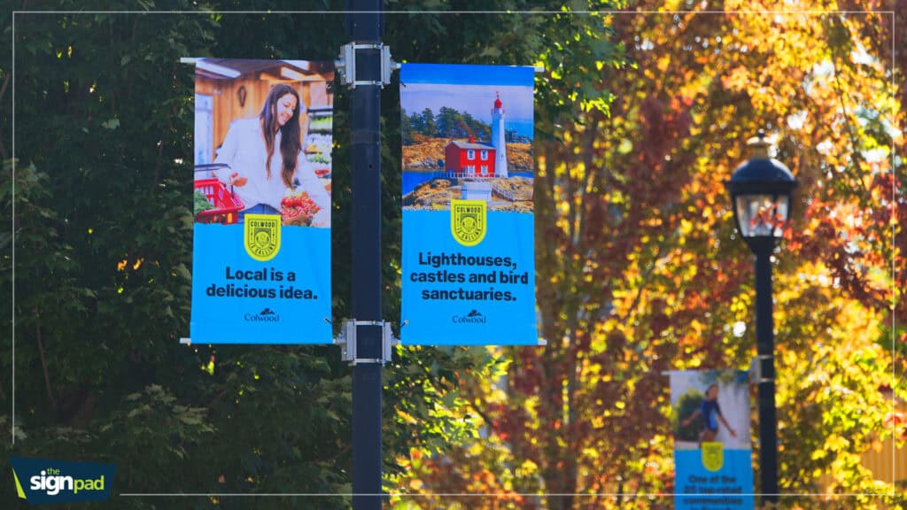 Vibrant local signs promoting Victoria's attractions and landmarks.